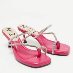 Nº21 Fuchsia Leather Crystal Embellished Thong Sandals Size 39