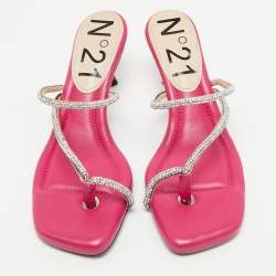 Nº21 Fuchsia Leather Crystal Embellished Thong Sandals Size 39