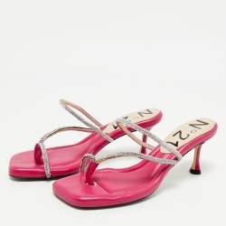 Nº21 Fuchsia Leather Crystal Embellished Thong Sandals Size 39