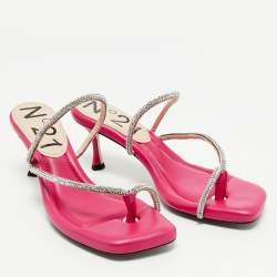 Nº21 Fuchsia Leather Crystal Embellished Thong Sandals Size 38