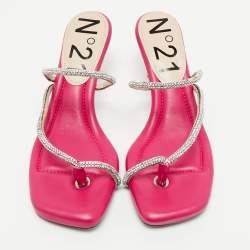 Nº21 Fuchsia Leather Crystal Embellished Thong Sandals Size 38