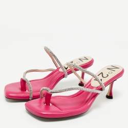 Nº21 Fuchsia Leather Crystal Embellished Thong Sandals Size 38
