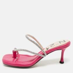 Nº21 Fuchsia Leather Crystal Embellished Thong Sandals Size 38