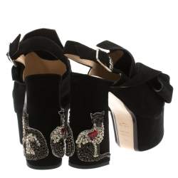N21 Black Suede Embellished Knot Platform Block Heel Ankle Strap Sandals Size 36