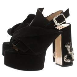 N21 Black Suede Embellished Knot Platform Block Heel Ankle Strap Sandals Size 36