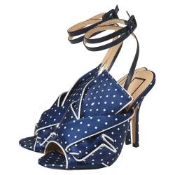 Pre Owned N21 Blue/White Knotted Polka Dot Fabric Gingham Ankle Wrap Peep Toe Sandals Size 36