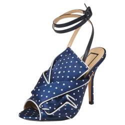 Pre Owned N21 Blue/White Knotted Polka Dot Fabric Gingham Ankle Wrap Peep Toe Sandals Size 36