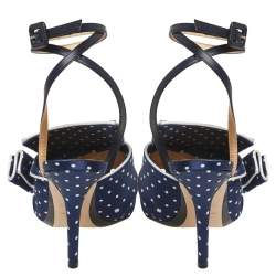 Pre Owned N21 Blue/White Knotted Polka Dot Fabric Gingham Ankle Wrap Peep Toe Sandals Size 36