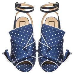 Pre Owned N21 Blue/White Knotted Polka Dot Fabric Gingham Ankle Wrap Peep Toe Sandals Size 36