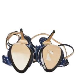 Pre Owned N21 Blue/White Knotted Polka Dot Fabric Gingham Ankle Wrap Peep Toe Sandals Size 36