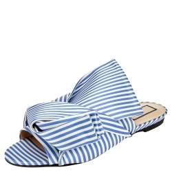 Pre Owned Nº21 Blue/White Satin Knot Flat Slides Size 39