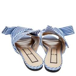 Pre Owned Nº21 Blue/White Satin Knot Flat Slides Size 39