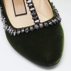 Pre Owned N21 Dark Green Velvet Crystal Embellished T-Bar Ballet Flats Size 36