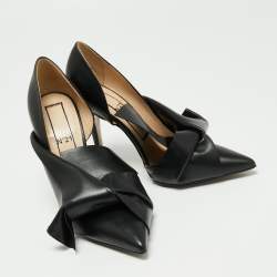 Pre Owned N21 Black Leather Knot D'orsay Pointed Toe Pumps Size 38.5