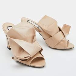 N21 Beige Patent Leather Raso Knot Block Heel Mules Size 38