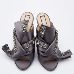 Nº21 Grey Knotted Satin Crystal Embellished Mules Size 40
