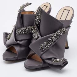 Nº21 Grey Knotted Satin Crystal Embellished Mules Size 40