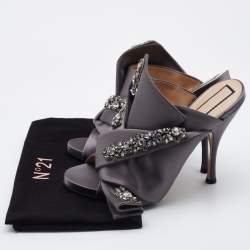 Nº21 Grey Knotted Satin Crystal Embellished Mules Size 40
