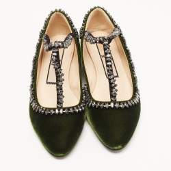Pre Owned N21 Dark Green Velvet Crystal Embellished T-Bar Ballet Flats Size 38