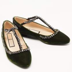 Pre Owned N21 Dark Green Velvet Crystal Embellished T-Bar Ballet Flats Size 38