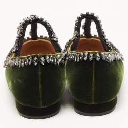 Pre Owned N21 Dark Green Velvet Crystal Embellished T-Bar Ballet Flats Size 38