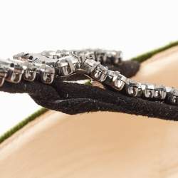 Pre Owned N21 Dark Green Velvet Crystal Embellished T-Bar Ballet Flats Size 38