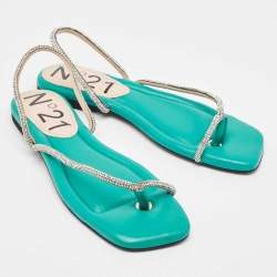 N21 Green Leather Crystal Embellished Slingback Sandals Size 38.5
