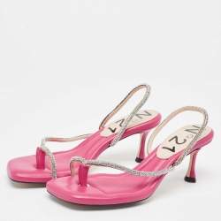 N21 Pink Leather Crystals Embellished Slingback Sandals Size 38