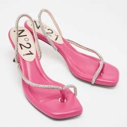 N21 Pink Leather Crystals Embellished Slingback Sandals Size 38