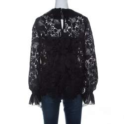 Pre Owned N21 Black Guipure Lace Pleated Ruffle Detail Long Sleeve Top S