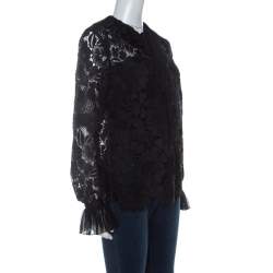 Pre Owned N21 Black Guipure Lace Pleated Ruffle Detail Long Sleeve Top S