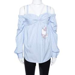 N21 Light Blue Striped Cotton Embroidered Off Shoulder Top S