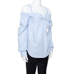 N21 Light Blue Striped Cotton Embroidered Off Shoulder Top S