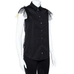 Pre Owned N21 Black Cotton Grid Lace Paneled Feather Trim Shirt XS