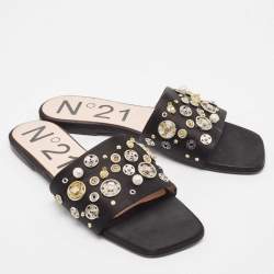 N21 Black Satin Embellished Flat Slides Size 39  