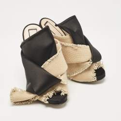 Nº21  Beige/Black Canvas and Satin Raso Knot Mules Size 35.5