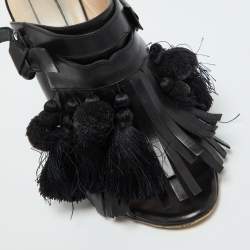 Nº21 Black Leather Tassel Fringe Block Heel Mules Size 40