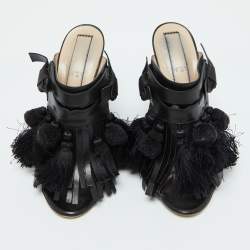 Nº21 Black Leather Tassel Fringe Block Heel Mules Size 40