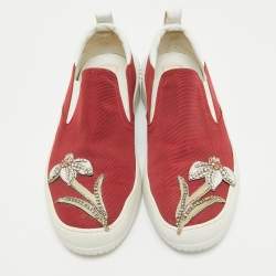 N21 Red Canvas Crystal Embellished Slip On Sneakers Size 37