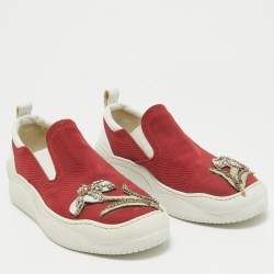 N21 Red Canvas Crystal Embellished Slip On Sneakers Size 37