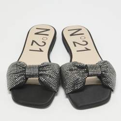 N21 Black Satin Crystal Embellished Bow Flat Slides Size 39 