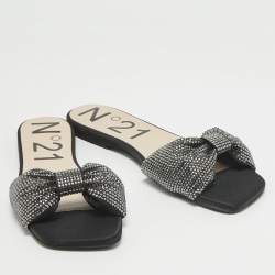 N21 Black Satin Crystal Embellished Bow Flat Slides Size 39 