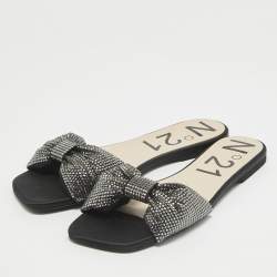 N21 Black Satin Crystal Embellished Bow Flat Slides Size 39 