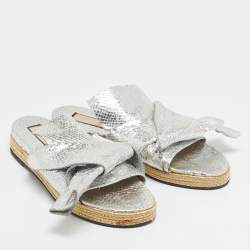 N°21 Silver Python Embossed Leather Knot Espadrille Flat Mules Size 39.5