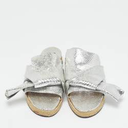 N°21 Silver Python Embossed Leather Knot Espadrille Flat Mules Size 39.5