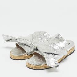 N°21 Silver Python Embossed Leather Knot Espadrille Flat Mules Size 39.5
