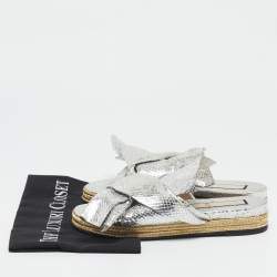 N°21 Silver Python Embossed Leather Knot Espadrille Flat Mules Size 39.5