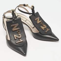 N21 Black Leather Logo Pointed Toe Ankle Strap Pumps Size 38