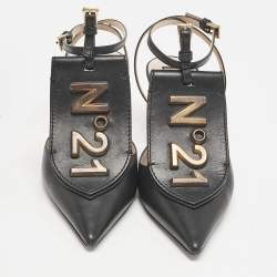 N21 Black Leather Logo Pointed Toe Ankle Strap Pumps Size 38