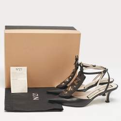 N21 Black Leather Logo Pointed Toe Ankle Strap Pumps Size 38